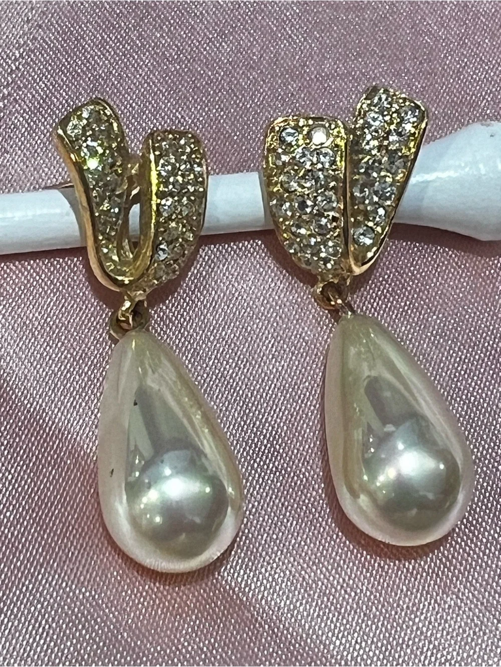 Gold-Tone Pearl Teardrop Drop Earrings with Crystal Accents